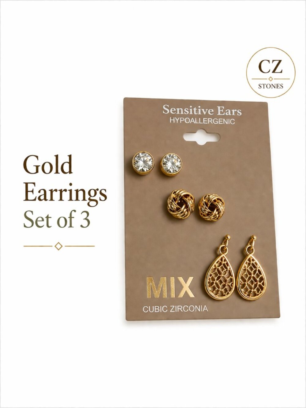 Gold Tone Earrings Lot Stud Knot Teardrop Sensitive Ears Cubic Zirconia Mixit